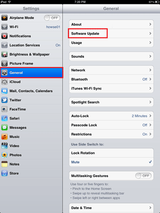 iPad Settings, General, Software Update